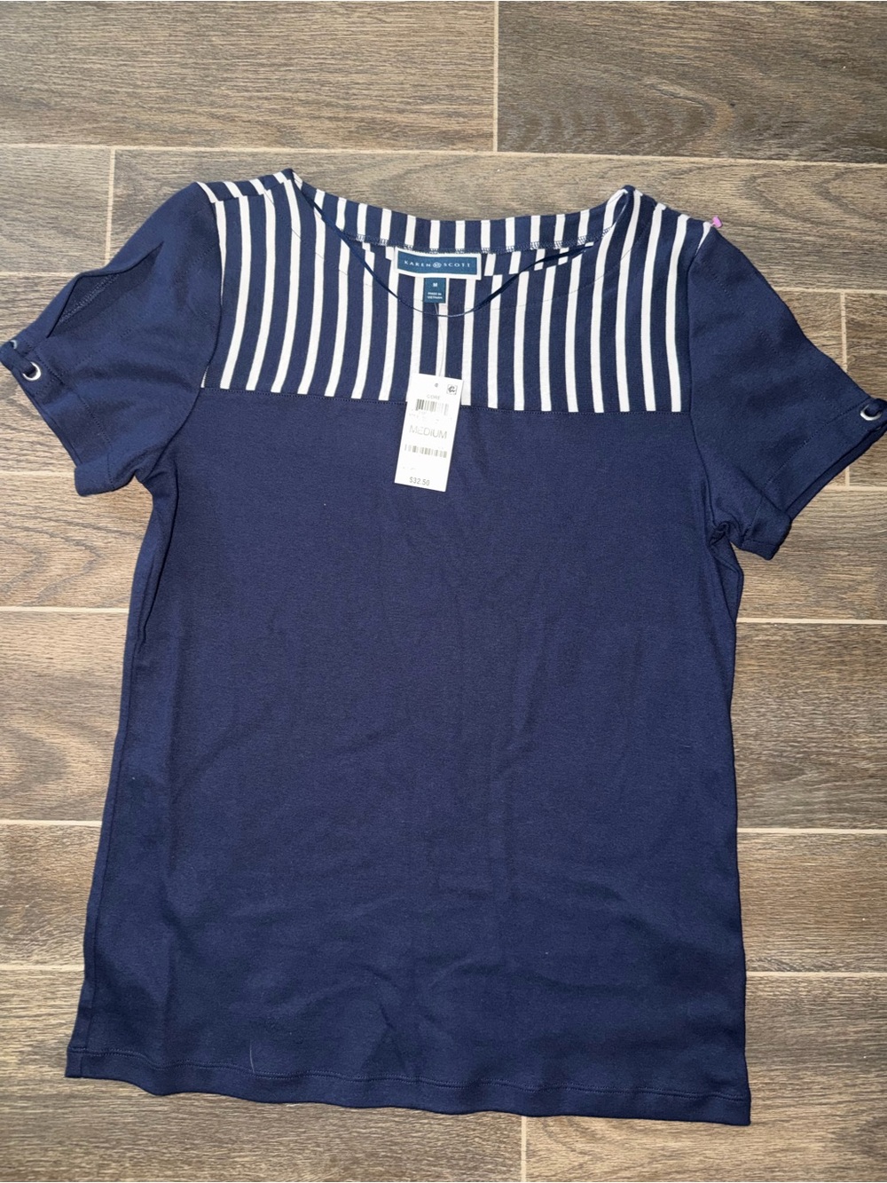 Karen Scott Navy Top with White Striped Yoke